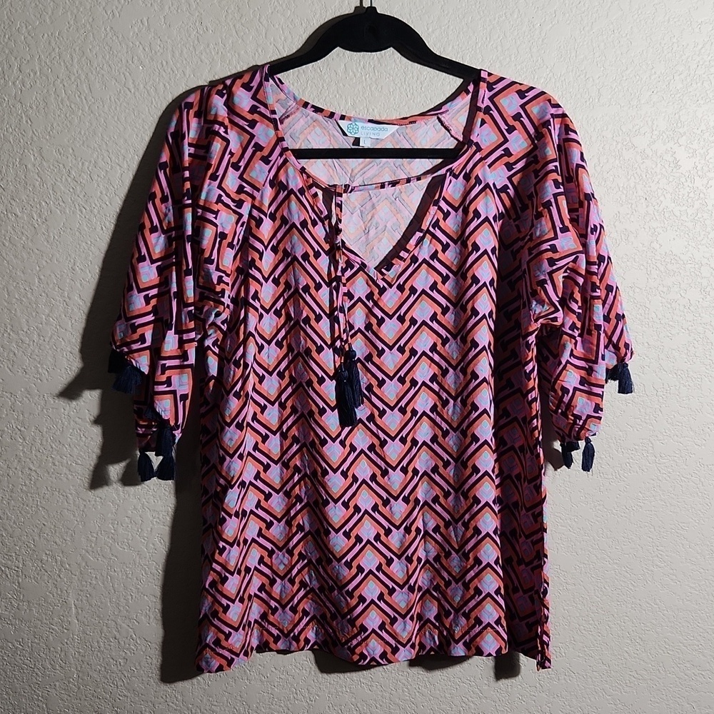 Escapada Blouse Size L Aztec Western Tassels Top Pink Blue Orange